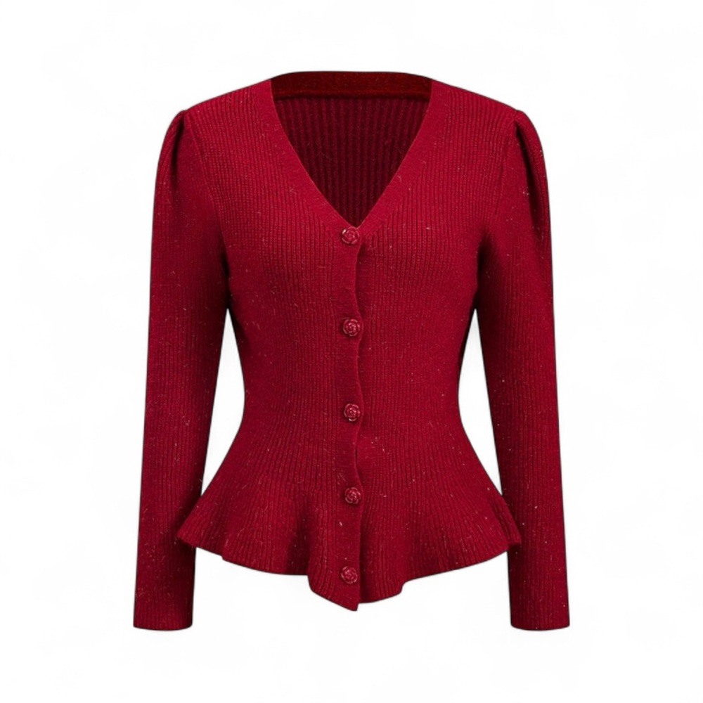 Micas Sweater Button Elegant Red V-Neck Long Sleeve NWT Peplum hem Size Small